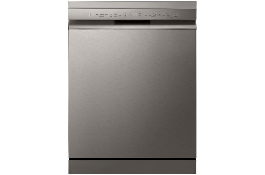 Front view of 60cm QuadWash™ Freestanding Dishwasher Silver with  Easy Rack™ Plus and LG ThinQ™. (DF355FP.APZQEUK)