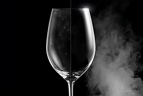 Wine glass, half clean, half covered in steam, on black background.
