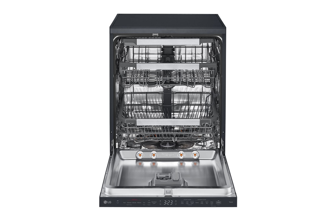 LG 14 Place Setting TrueSteam™ Full Size Freestanding Dishwasher, Matte Black, DF587HMS, Door Open