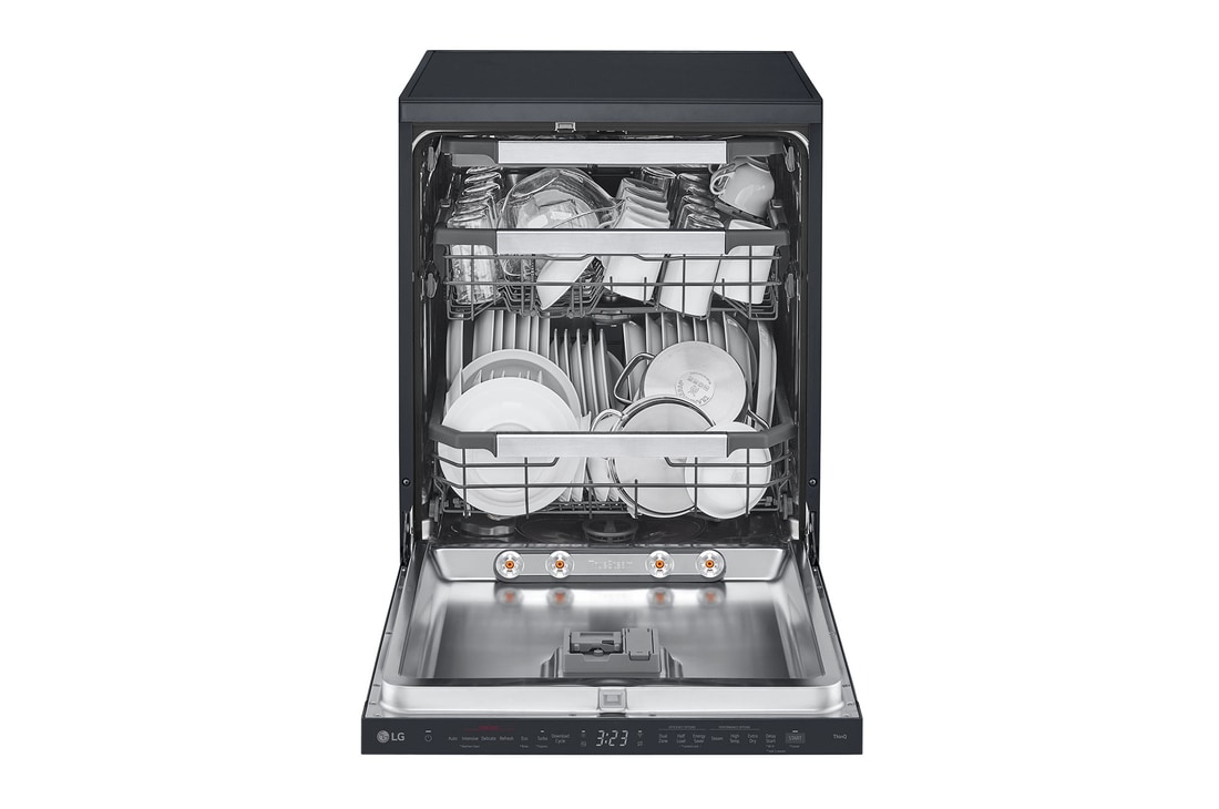 LG 14 Place Setting TrueSteam™ Full Size Freestanding Dishwasher, Matte Black, DF587HMS, Door Open