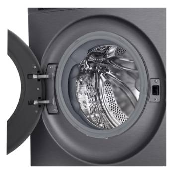 LG F4X5013TBB with door open showing stainless steel drum interior