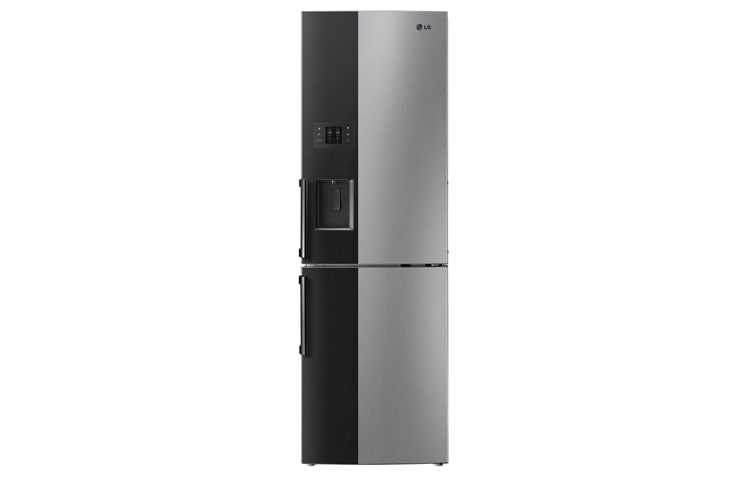 Front view of Frireedge Fzer in Black and Brushed Steel with Water Dispenser and LG&#39;s Linear Compressor. GB7138A2VZ1