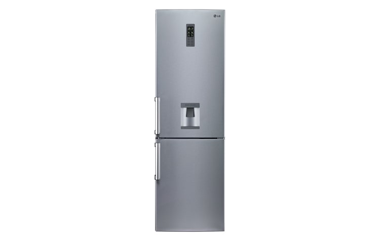 Front view of PLATINUM SILVER COMBI FRIDGE FREEZER WITH WATER DISPENSER GBF539PVQWB