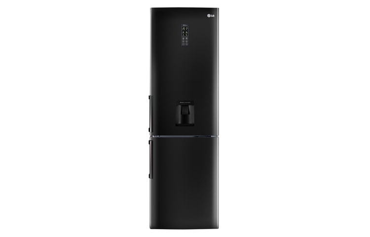 Front view of A&#43; ENERGY RATED COMBI BLACK FRIDGE FREEZER WITH WATER DISPENSER GBF539WBQWB
