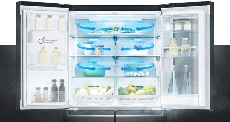 Keep food fresh through the cold air coming from different angles at the top of the refrigerator.