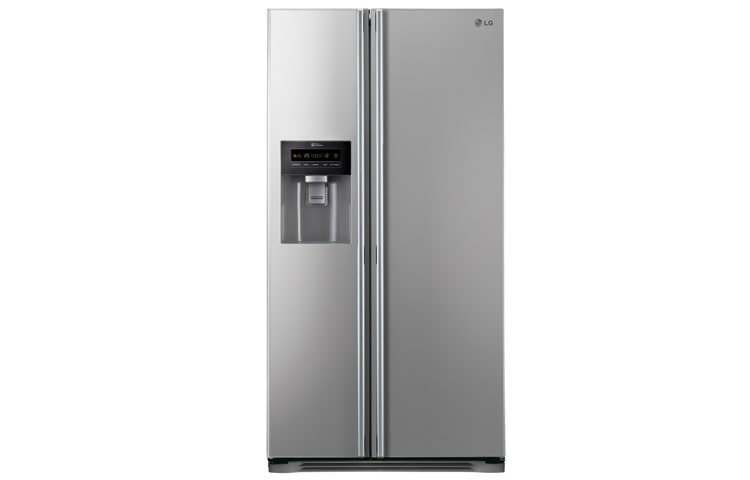 Front view of American Style Fridge Freezer in Platinum Silver with Water &amp; Ice Dispenser GS3159PVHV