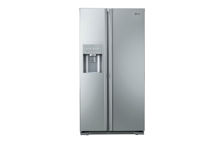 Front view of American Style Fridge Freezer in Brushed Steel with Plumbed Water and Ice Dispenser. GS5163AVJV