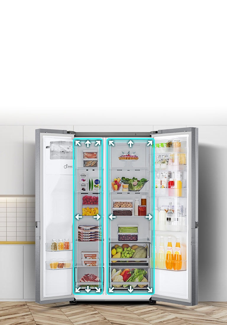 LG fridge in a modern kitchen, doors open to reveal organized shelves with fresh produce, drinks, and packaged foods.