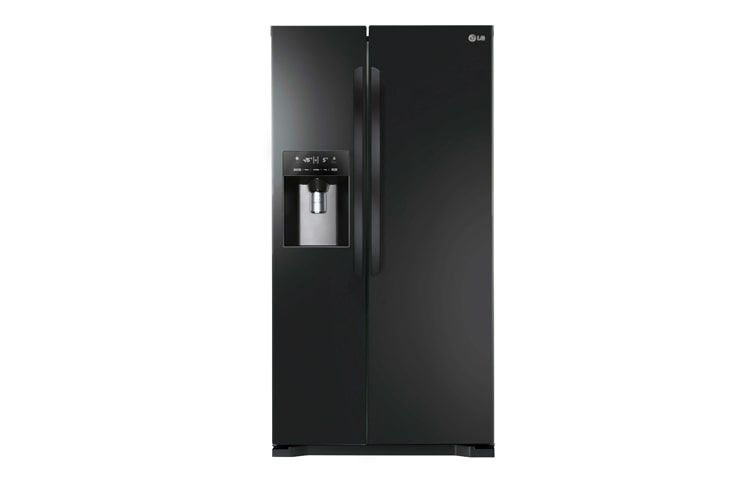 Front view of American Style Black Fridge Freezer with Plumbed Water and Ice Dispenser GSL325WBQV
