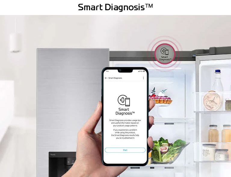 A hand holds a phone. The screen of the phone shows the Smart Diagnosis app. The refrigerator in the background has one side open showing the contents inside. There is a Smart Diagnosis icon above the refrigerator.