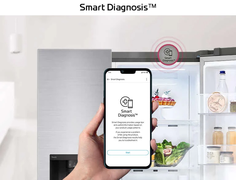 Hand holding a phone with LG Smart Diagnosis app in front of an open fridge, showing various items inside.