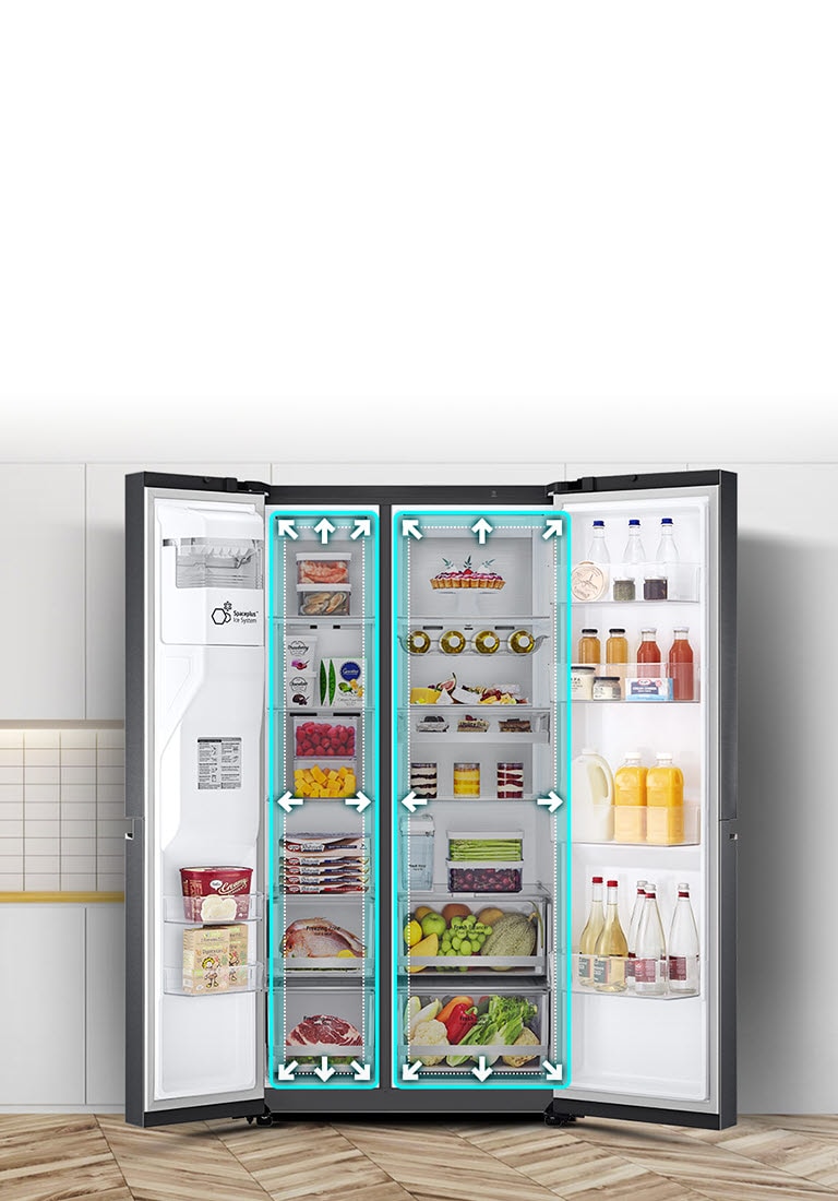 A video begins with the front view of the refrigerator with both doors wide open. The interior spaces are outlined in a neon lines and arrows begin to push the lines out to show that there is now more space inside. The neon square around the interior spaces flashes to show the difference between the new space and the old smaller space which is now outlined in a dotted white line.