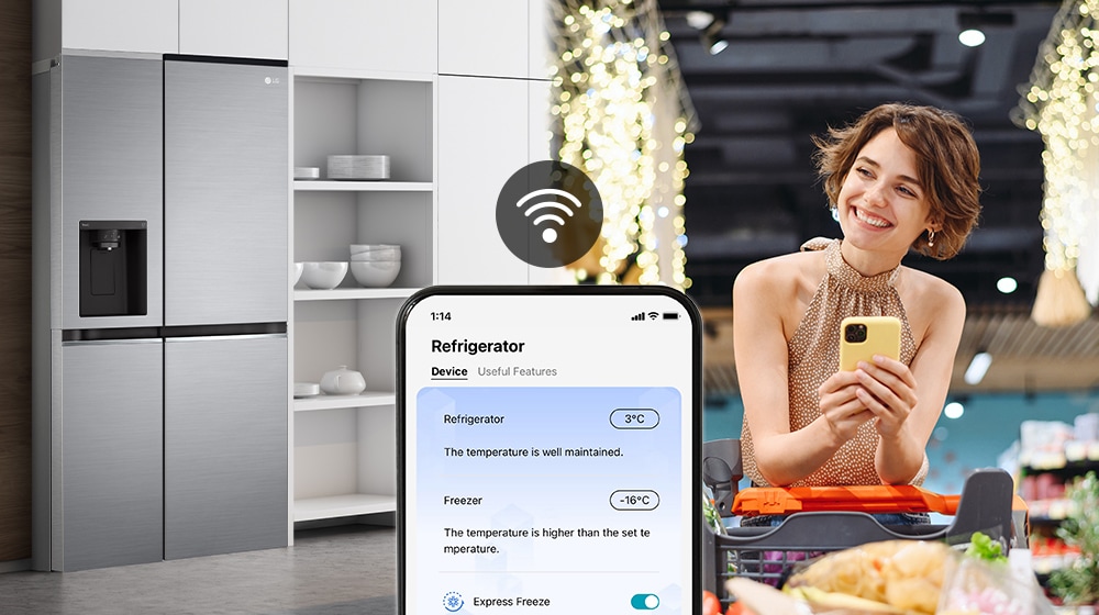 Image on the right shows a woman standing in a grocery store looking at her phone. Image on the left shows the refrigerator front view. In the center of the images is an icon to show connectivity between the phone and refrigerator.