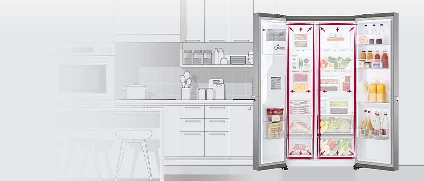 Open double-door fridge on the right in a modern kitchen, filled with assorted food, drinks, and storage containers.