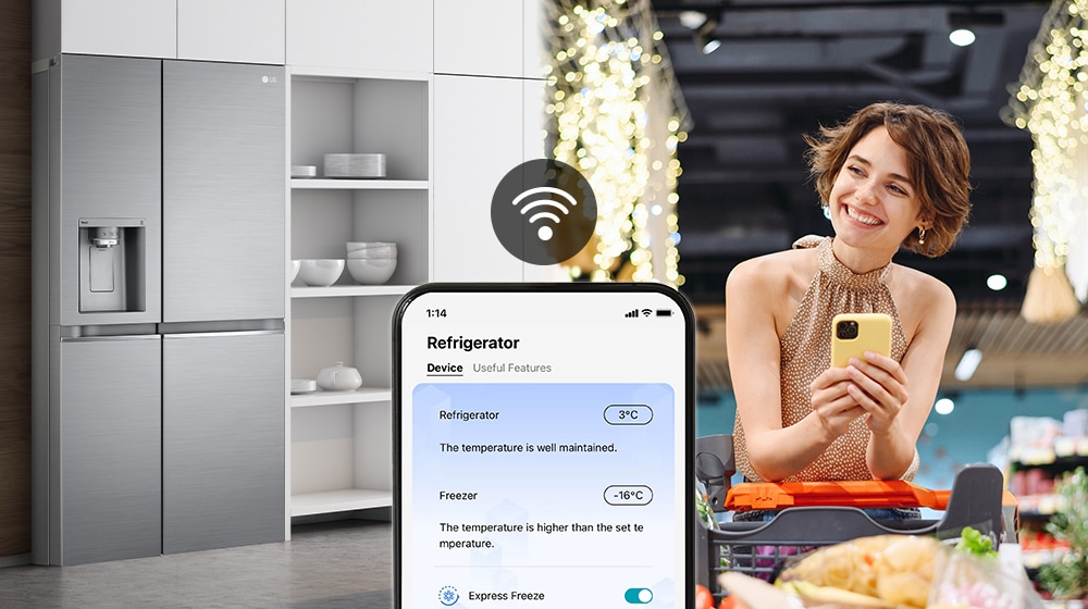 Image on the right shows a woman standing in a grocery store looking at her phone. Image on the left shows the refrigerator front view. In the center of the images is an icon to show connectivity between the phone and refrigerator.