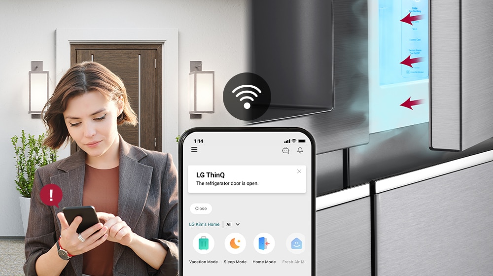 The image on the left shows a woman standing outside the house. The image on the right shows that the refrigerator door has been left open. In the foreground of the two images is the phone screen which shows the LG ThinQ app notifications and the Wifi icon above the phone.