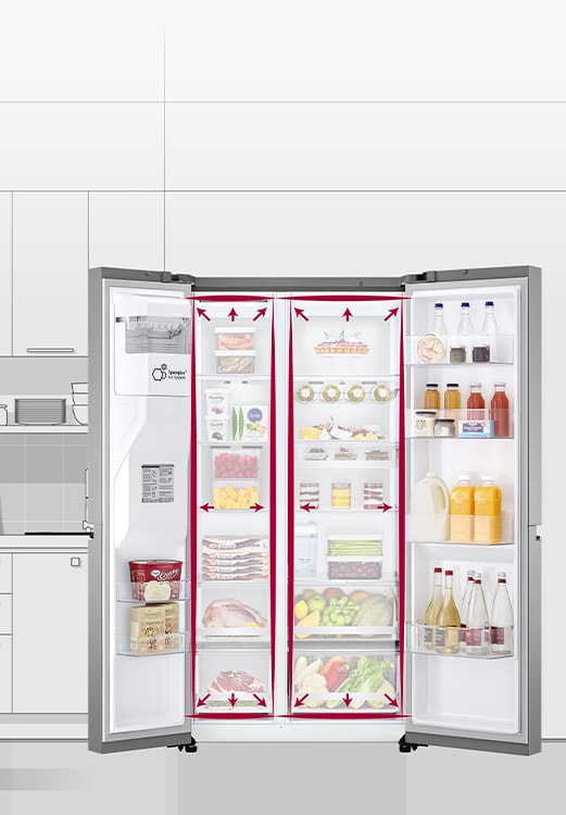 A video begins with the front view of the refrigerator with both doors wide open. The interior spaces are outlined in a neon lines and arrows begin to push the lines out to show that there is now more space inside. The neon square around the interior spaces flashes to show the difference between the new space and the old smaller space which is now outlined in a dotted white line.