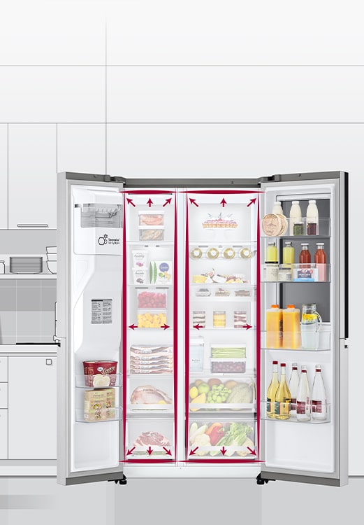 A video begins with the front view of the refrigerator with both doors wide open. The interior spaces are outlined in a neon lines and arrows begin to push the lines out to show that there is now more space inside. The neon square around the interior spaces flashes to show the difference between the new space and the old smaller space which is now outlined in a dotted white line.