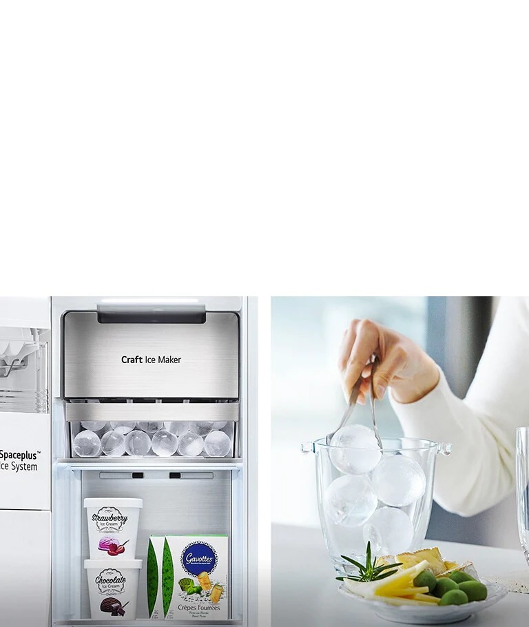 LG fridge Craft Ice Maker with ice balls, desserts below, and hand placing ice in a bucket with tongs.