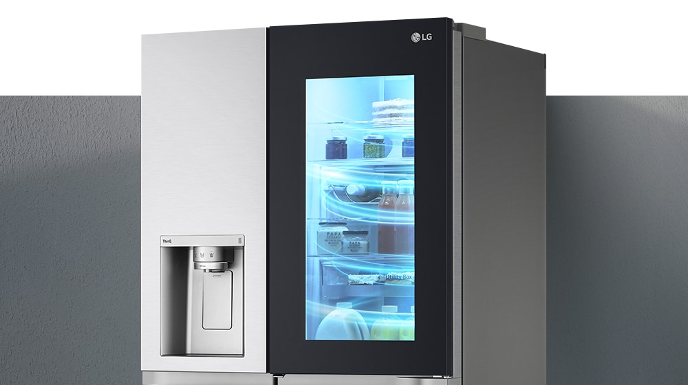 The half-side view of the InstaView refrigerator. This is a picture of a refrigerator filled with cold air.
