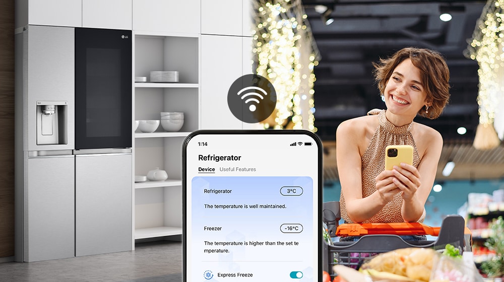 Image on the right shows a woman standing in a grocery store looking at her phone. Image on the left shows the refrigerator front view. In the center of the images is an icon to show connectivity between the phone and refrigerator.