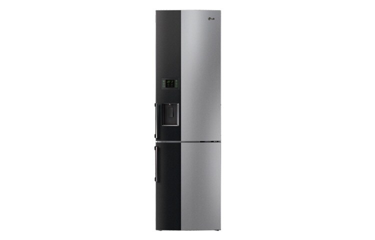 Front view of Two-tone design Combination fridge freezer in Black and brushed Steel, 2 metre height (Gross Capacity 423 Litres) GB7143A2PZ1