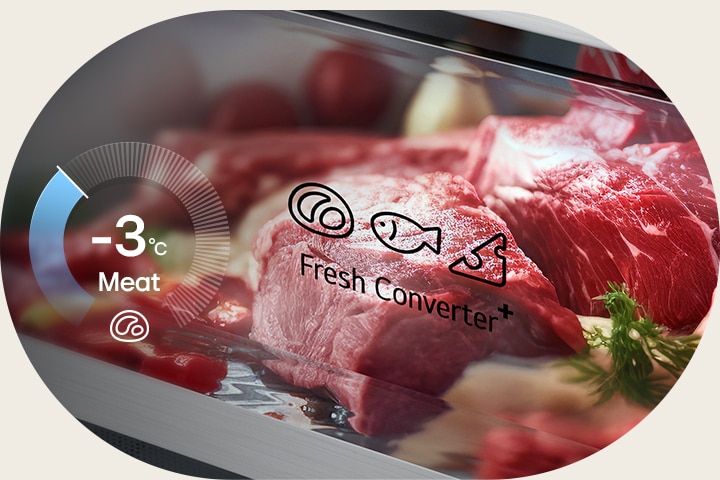 LG bottom freezer (GBBS726CEV) graphic with circular chart showing -3°C on left and fresh meat stored in Fresh Converter box on right