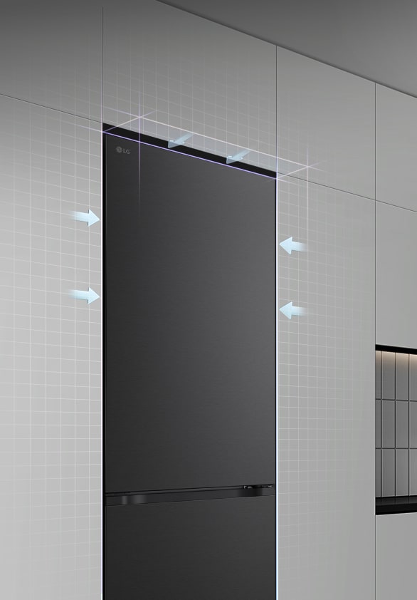 LG bottom freezer (GBBW726AEV) installed flush in tall grey cabinets with blue arrows pointing to top side and front surfaces