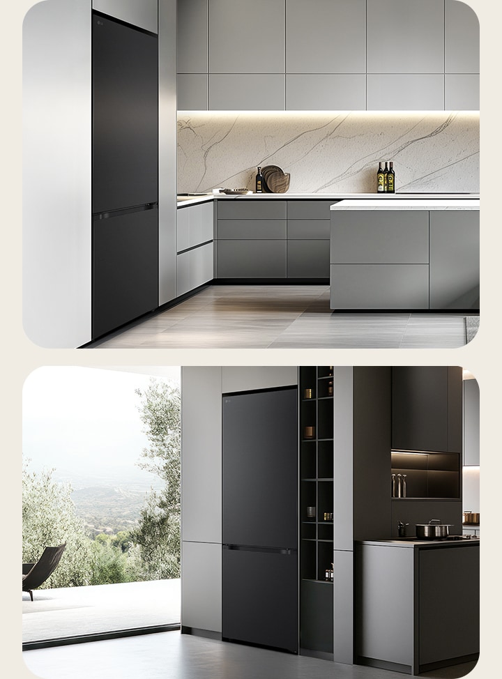 LG bottom freezer (GBBS726CEV) left in light grey cabinets with marble backsplash right in dark cabinetry beside shelves and cookware