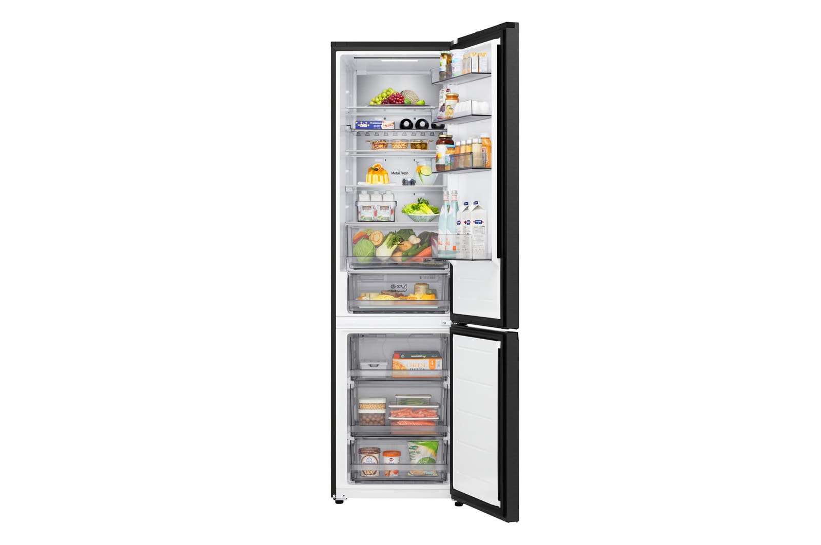 LG bottom freezer (GBBS726CEV) full door open view showing fridge and freezer compartments