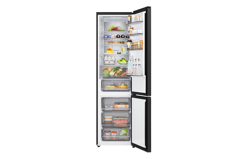 LG bottom freezer (GBBS726CEV) full door open view showing fridge and freezer compartments