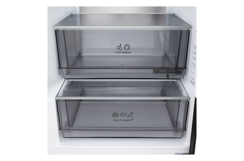 LG fridge freezer (GBBS726CEV) shelf highlighted in blue with arrows up and down right image shows folded shelf holding two water bottles