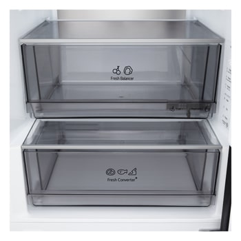 LG fridge freezer (GBBS726CEV) shelf highlighted in blue with arrows up and down right image shows folded shelf holding two water bottles