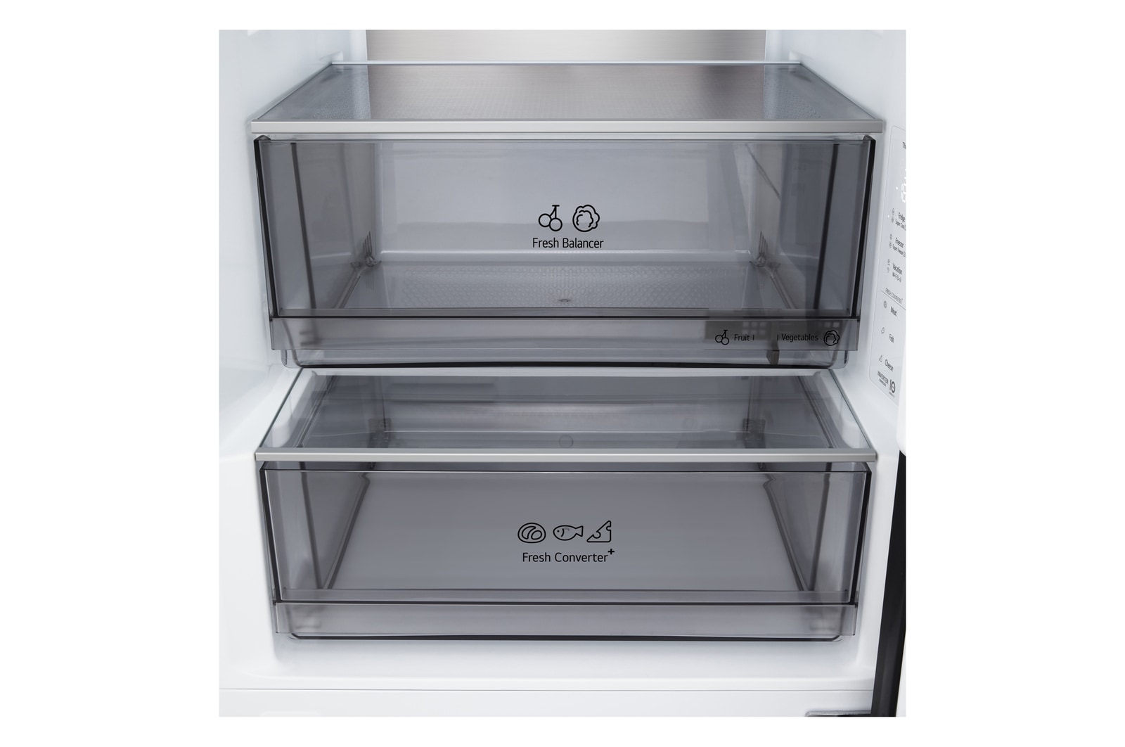 LG fridge freezer (GBBS726CEV) shelf highlighted in blue with arrows up and down right image shows folded shelf holding two water bottles