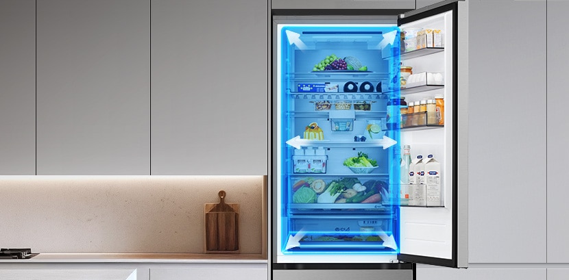 LG bottom freezer (GBBS726CPY) fully open with upper fridge compartment showing food in drawers with blue overlays and arrows highlighting spacious interior