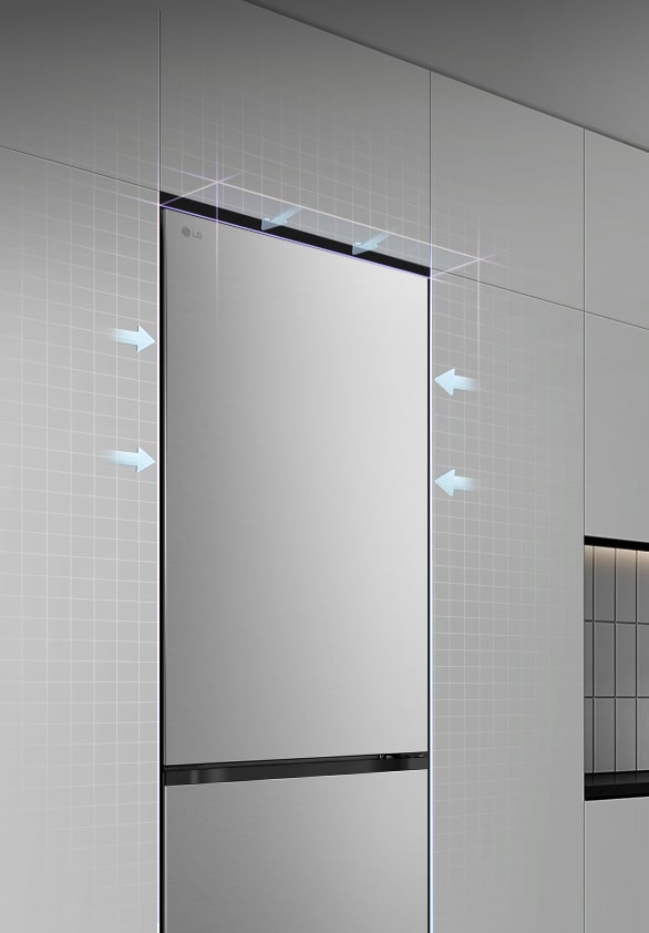 LG bottom freezer (GBBS726CPY) installed flush in tall grey cabinets with blue arrows pointing to top side and front surfaces