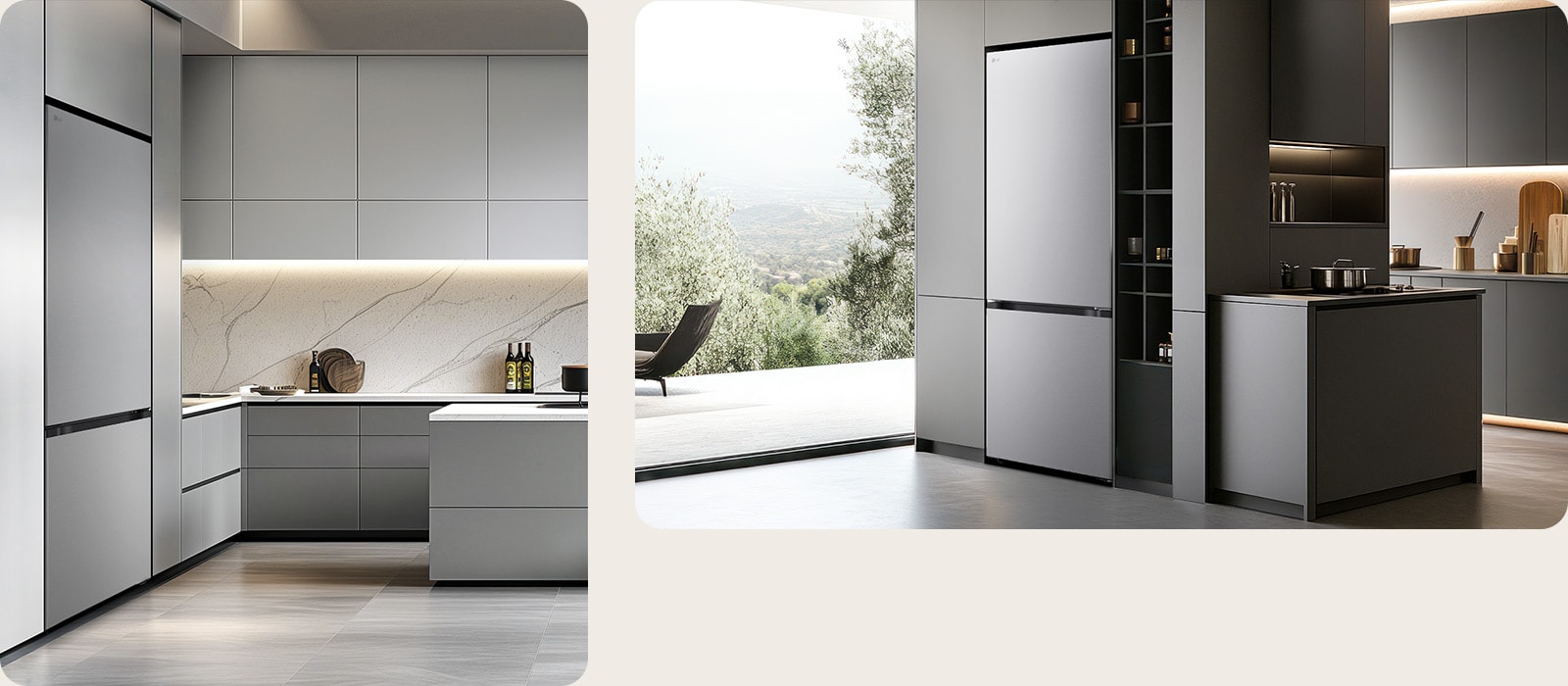 LG bottom freezer (GBBS726CPY) left in light grey cabinets with marble backsplash right in dark cabinetry beside shelves and cookware