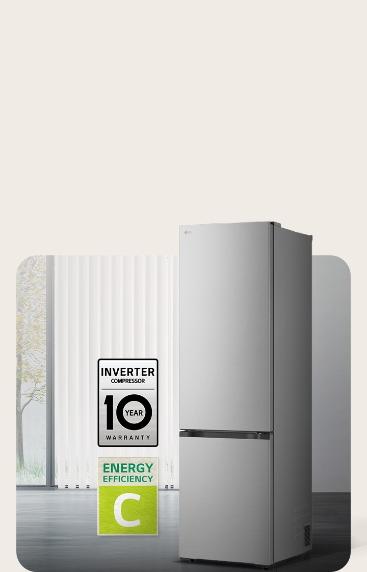 LG bottom freezer (GBBS726CPY) matte black front view in bright room with vertical blinds with 10 year compressor warranty and Energy Efficiency C icons below