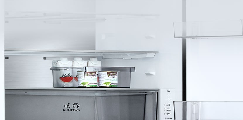 LG bottom freezer (GBBS524CPY) interior with movable bucket holding juice packs and container placed above Fresh Balancer drawer