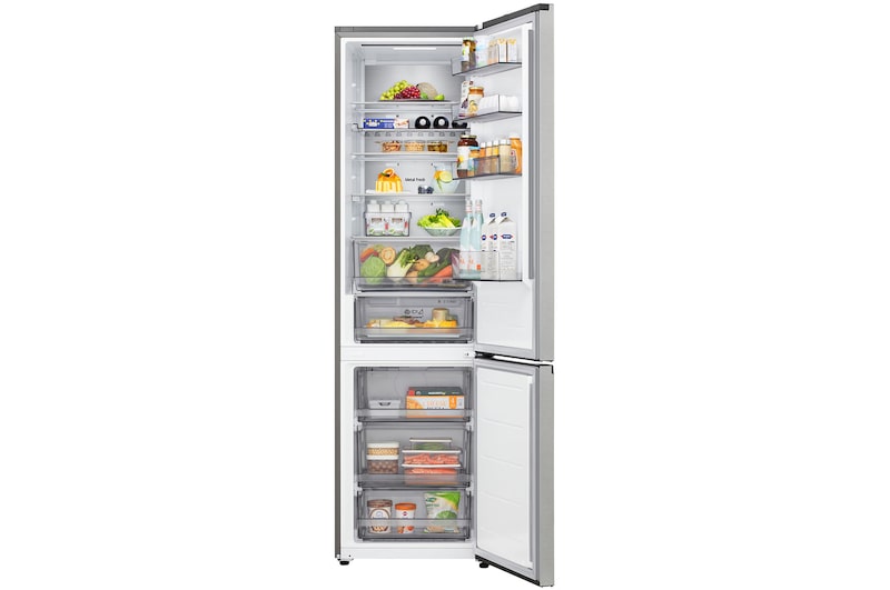 LG fridge freezer (GBBS524CPY) shelf highlighted in blue with arrows up and down right image shows folded shelf holding two water bottles