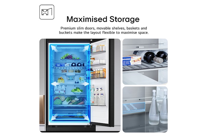 LG fridge freezer (GBBS524CPY) close up of wine rack holding four bottles and box of macarons with rack design magnified in circular image