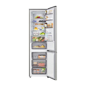 LG fridge freezer (GBBS524CPY) shelf highlighted in blue with arrows up and down right image shows folded shelf holding two water bottles