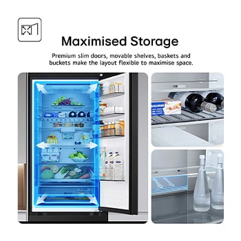 LG fridge freezer (GBBS524CPY) close up of wine rack holding four bottles and box of macarons with rack design magnified in circular image