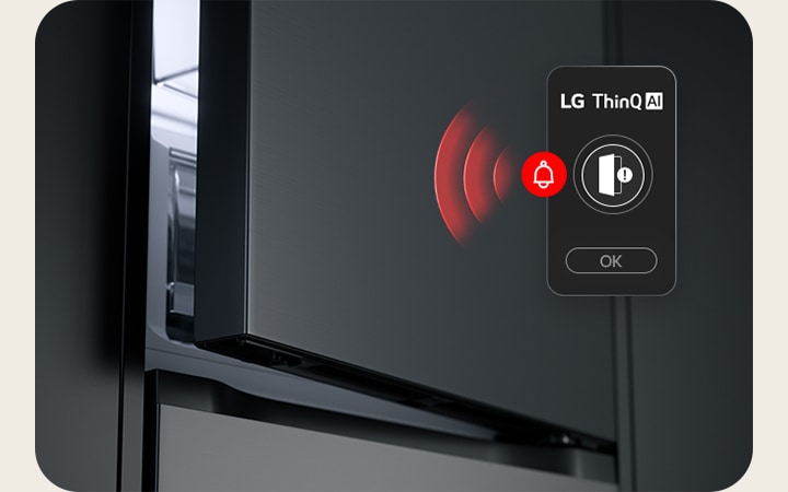 LG bottom freezer (GBBS726CEV) upper door slightly open with red wave graphic showing open door icon and alert icon together