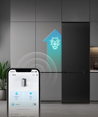 LG bottom freezer  with smartphone showing ThinQ app in front and glowing light blue AI icon beside fridge