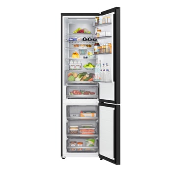 LG bottom freezer full door open view showing fridge and freezer compartments