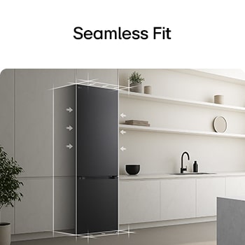 LG fridge freezer built into dark brown cabinetry with window and sofa on left and sink on right