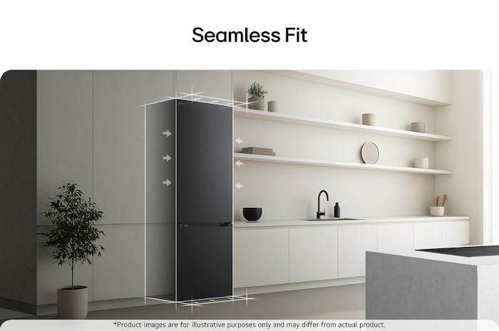 LG fridge freezer built into dark brown cabinetry with window and sofa on left and sink on right