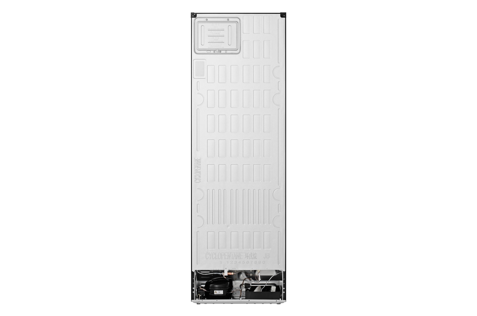 LG bottom freezer back view showing rear panel