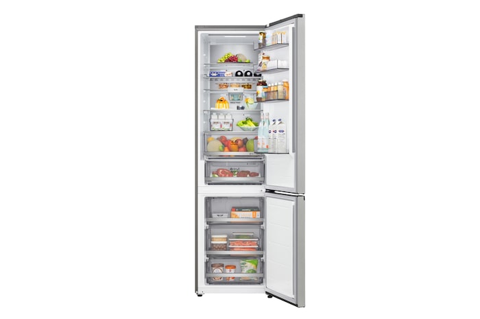 LG bottom freezer full door open view showing fridge and freezer compartments